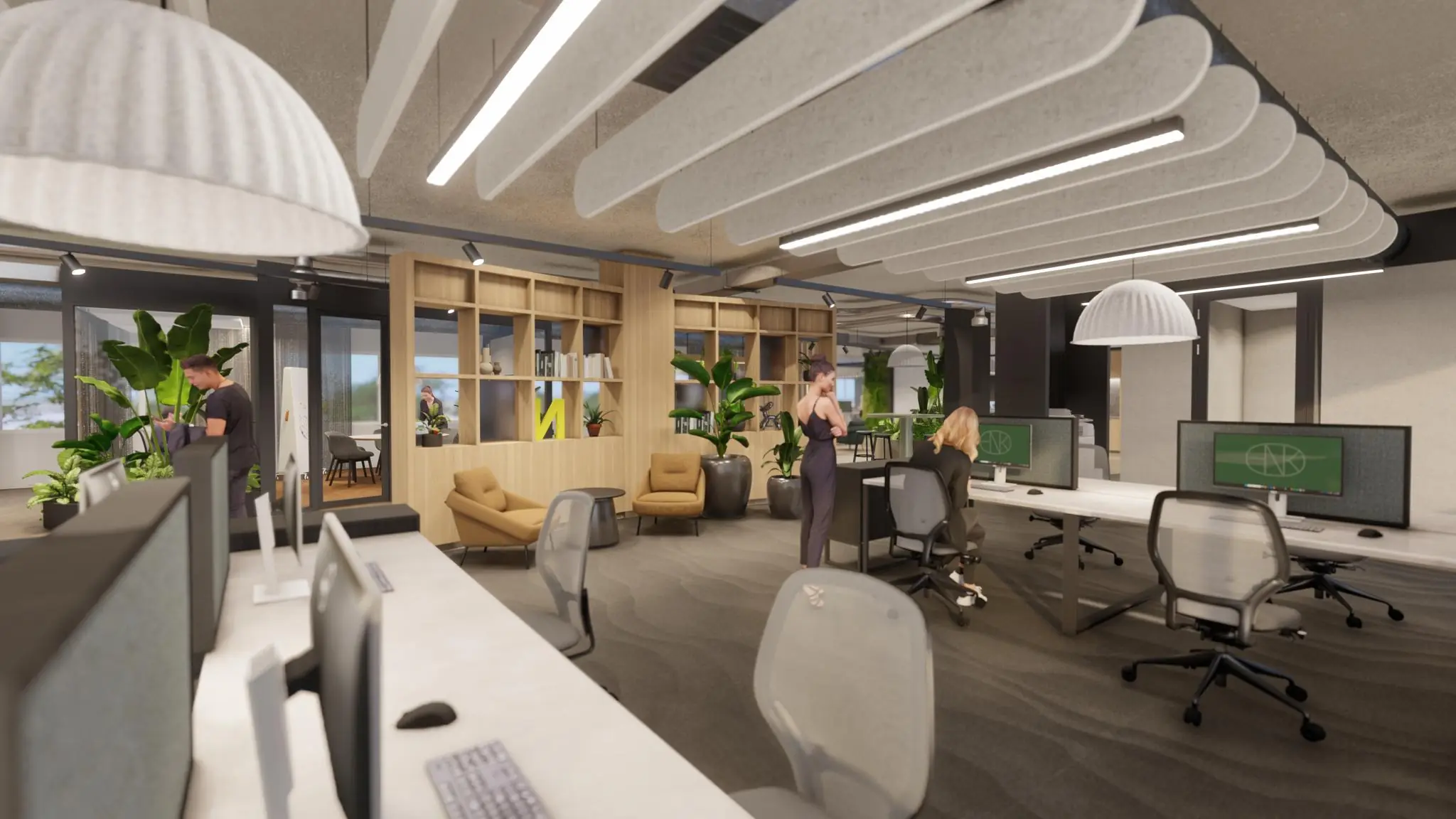 Moderne en open kantoorruimte aan de Marten Meesweg met werkplekken, loungehoek en veel planten.